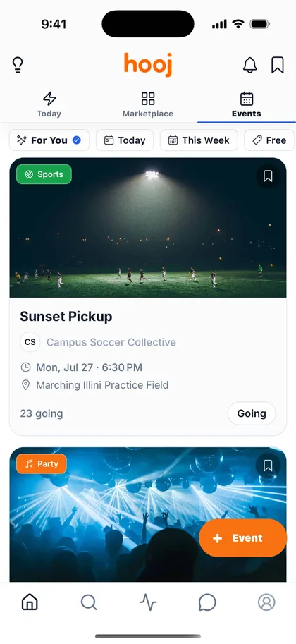 Hooj app event and activity interface